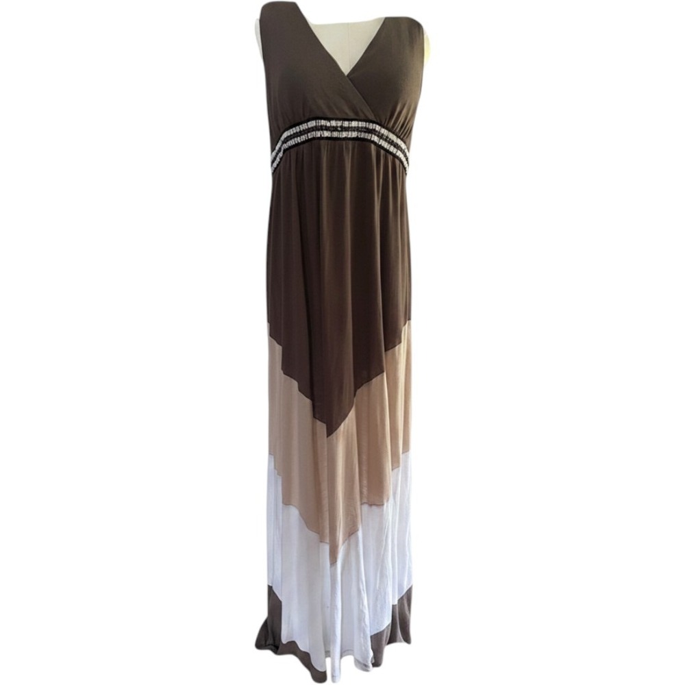 INC International Concepts Brown Colorblock Beaded Empire Waist Maxi Dress L